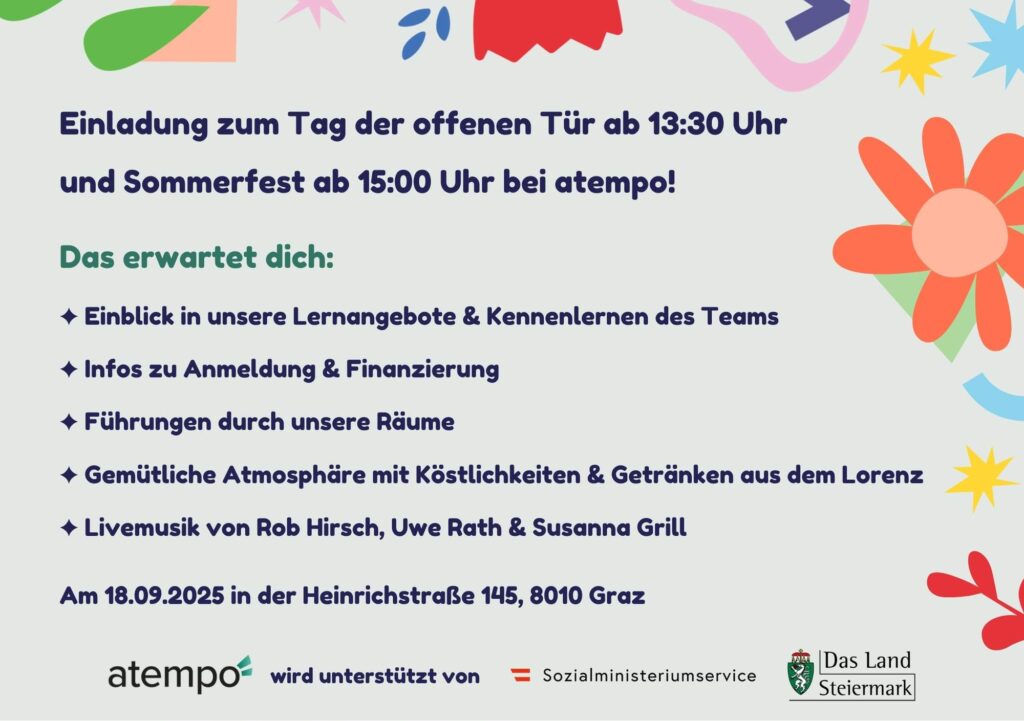 Ein Bild des Programm-Flyers zum Sommerfest von atempo 2025.
